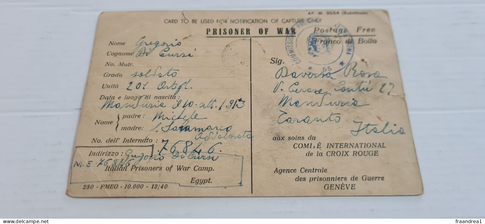 WWII POW 1941 Camp  EGITTO  . CROCE ROSSAFranchigia Posta Militare  Prisoner Of War POW Postcard  MADURIA TARANTO - Guerre 1939-45