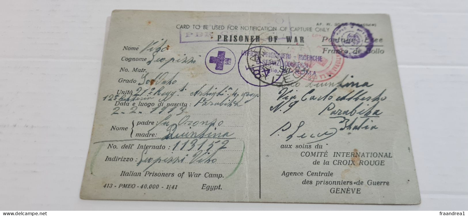 WWII POW 1941 Camp  EGITTO  . CROCE ROSSAFranchigia Posta Militare  Prisoner Of War POW Postcard  PARABITA LECCE - Guerre 1939-45