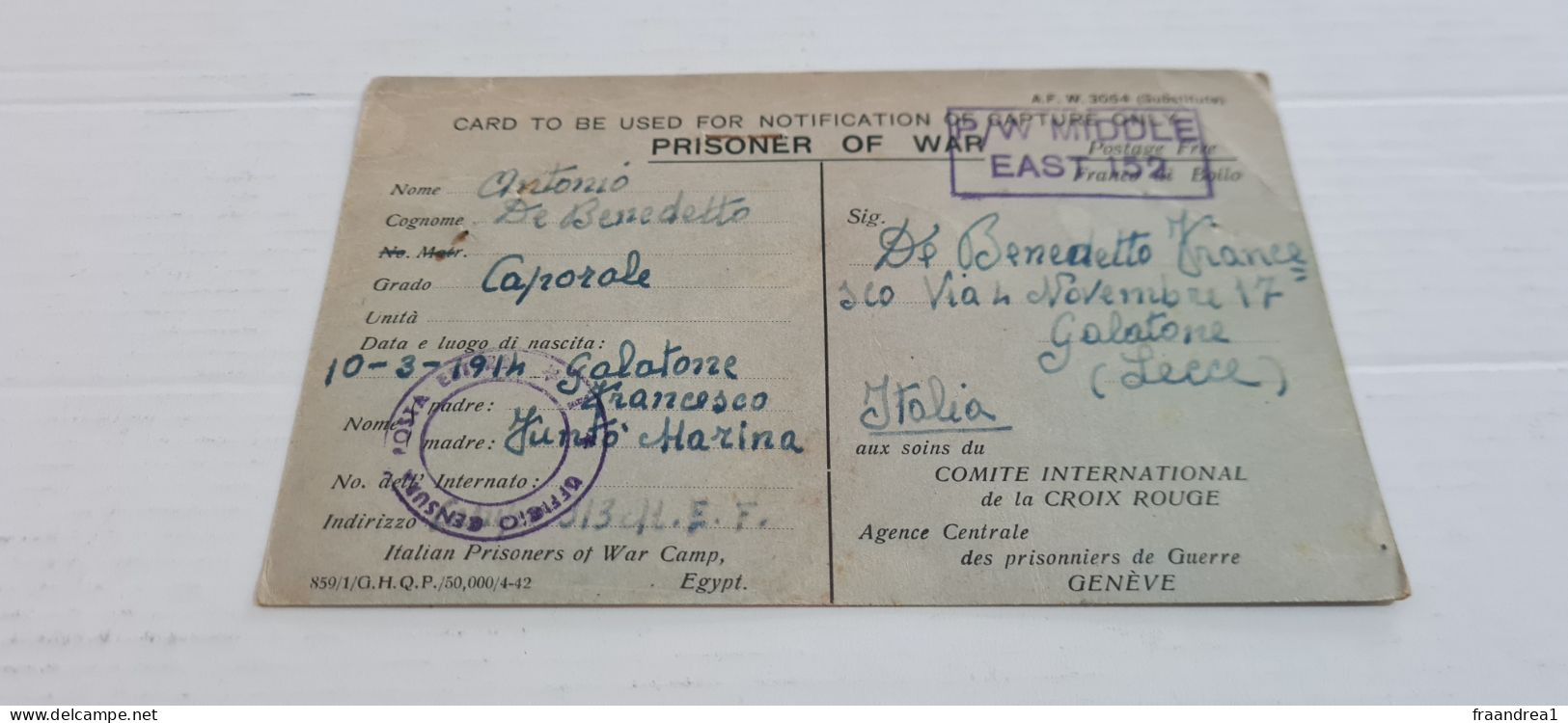 WWII POW 1943 Camp  EGITTO  . CROCE ROSSAFranchigia Posta Militare  Prisoner Of War POW Postcard  GALATONE  LECCE - Guerre 1939-45