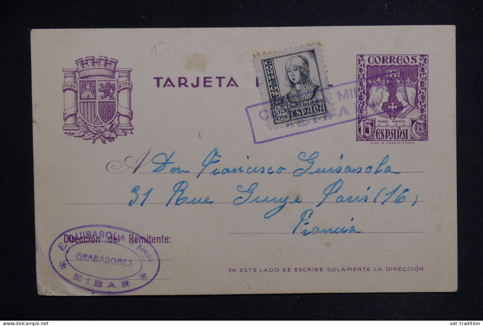 ESPAGNE - Entier Postal + Complément De Bibar Pour La France En 1937 Avec Cachet De Censure - L 149830 - 1931-....