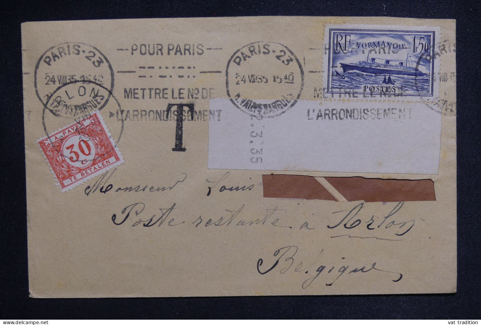 BELGIQUE - Taxe De Arlon Sur Enveloppe De Paris En 1935 - L 149831 - Storia Postale