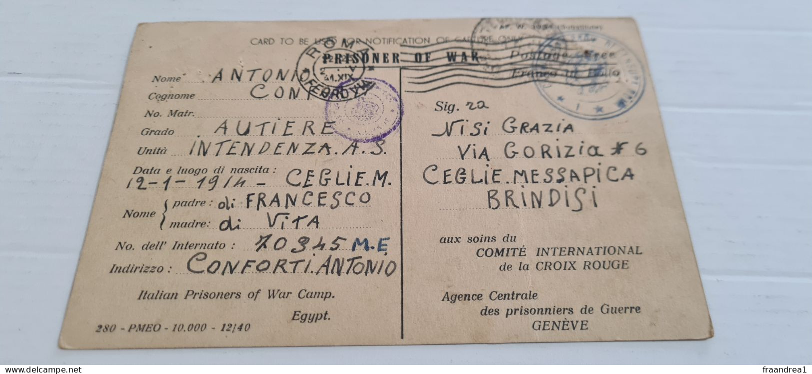WWII POW 1941 Camp  EGITTO  . CROCE ROSSAFranchigia Posta Militare  Prisoner Of War POW Postcard CEGLIE MESSAP  BRINDISI - Guerre 1939-45