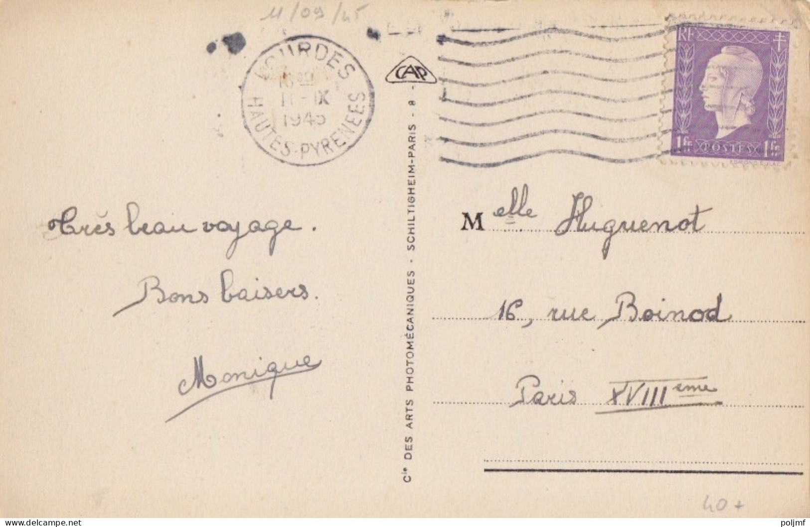 CP (La Basilique) Obl. Flier Lourdes Le 11 IX 1945 Sur 1f Dulac Violet N° 689 Pour Paris - 1944-45 Marianne (Dulac)