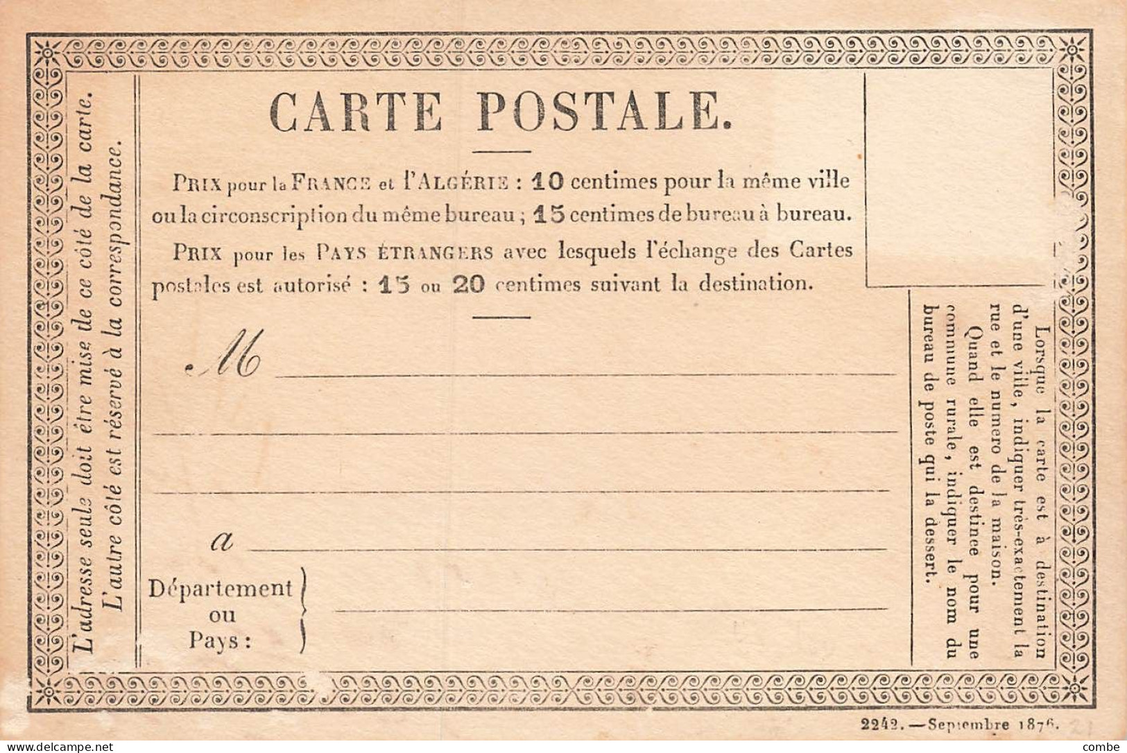 CARTE PRECURSEUR N° 26. NON UTILISEE - Voorloper Kaarten