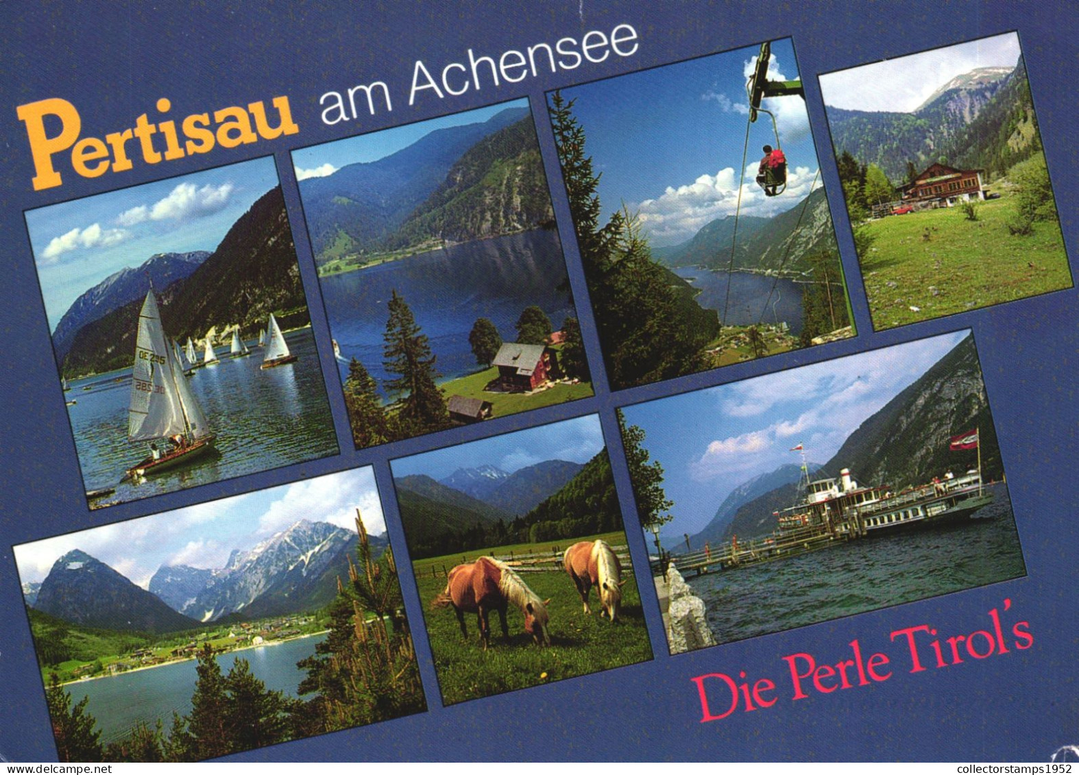 PERTISAU, ACHENSEE, TIROL, MULTIPLE VIEWS, ARCHITECTURE, BOATS, MOUNTAIN, SKI LIFT, HORSE, SHIP, AUSTRIA, POSTCARD - Pertisau