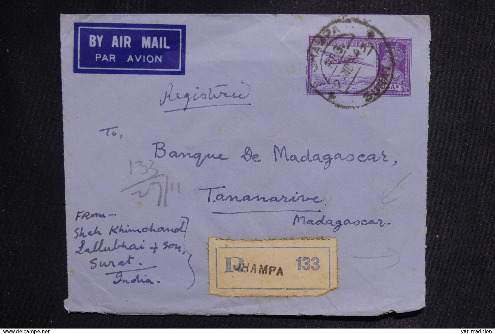 INDES ANGLAISES - Aérogramme + Compléments Au Dos En Recommandé De Jhampa Pour Tananarive En 1945 - L 149838 - 1936-47 King George VI