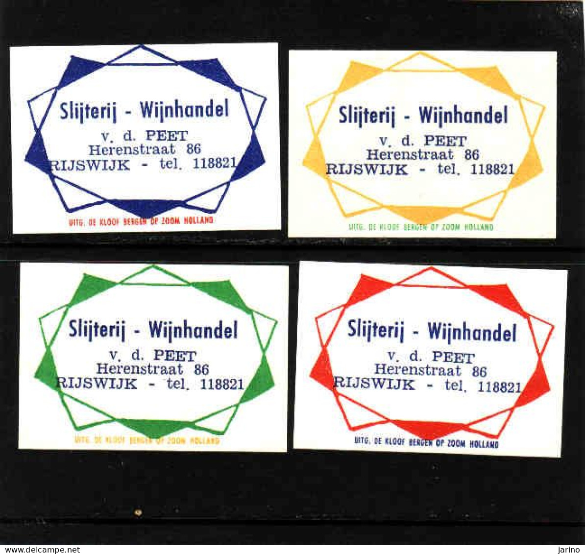 4 Dutch Matchbox Labels, Rijswijk - South Holland, Slijterij - Wijnhandel, V.d. Peet, Zündholzetiketten, Netherlands - Boites D'allumettes - Etiquettes