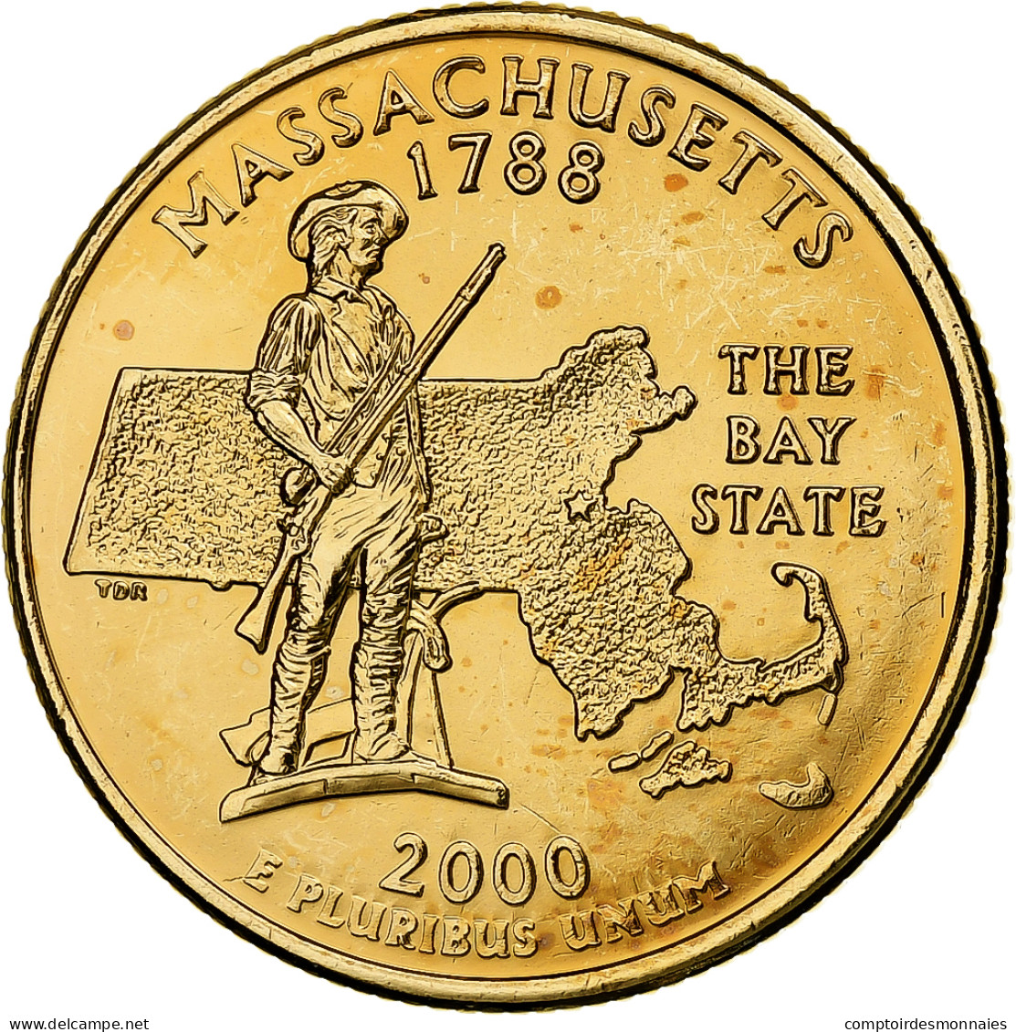 États-Unis, Quarter, Massachusetts, 2000, U.S. Mint, Golden, Cupronickel - 1999-2009: State Quarters