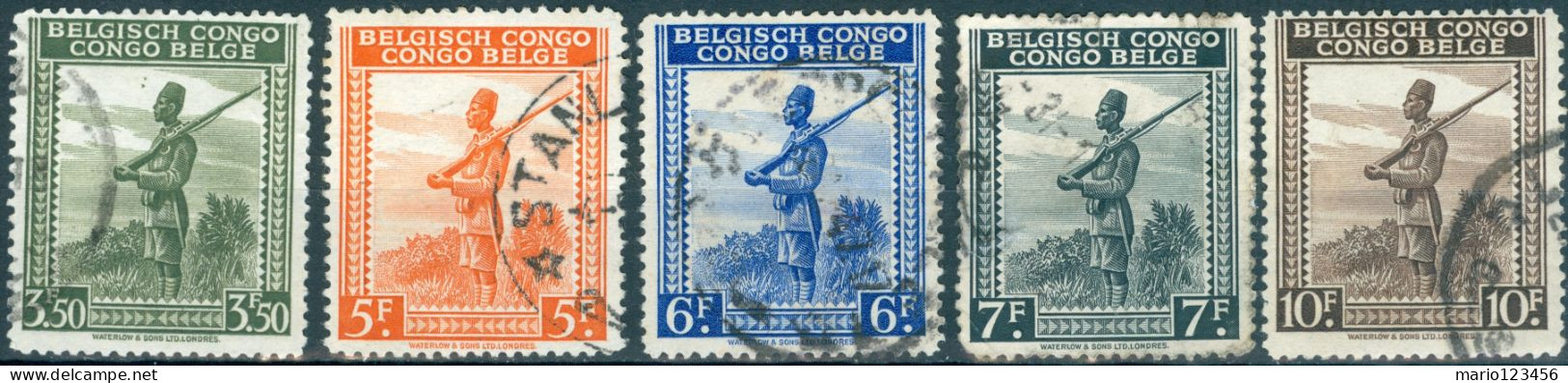 CONGO BELGA, BELGIAN CONGO, SOLDATO CONGOLESE, 1942, FRANCOBOLLI USATI Scott: 220-224 (2,50) - Gebruikt