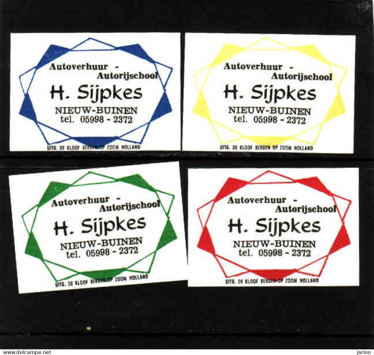 4 Dutch Matchbox Labels, Nieuw-Buinen - Drenthe, Autoverhuur - Autorijschool H. Sijpkes, Zündholzetiketten, Netherlands - Boites D'allumettes - Etiquettes