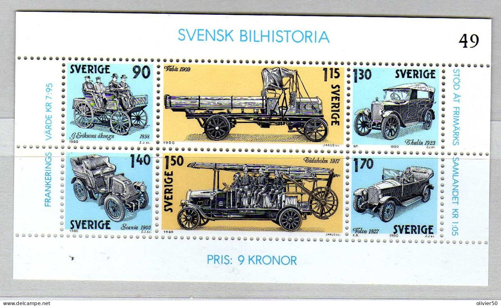 Suede - 1980  - BF  Histoire De L'Automobile -  Neuf** - MNH - Blocks & Sheetlets