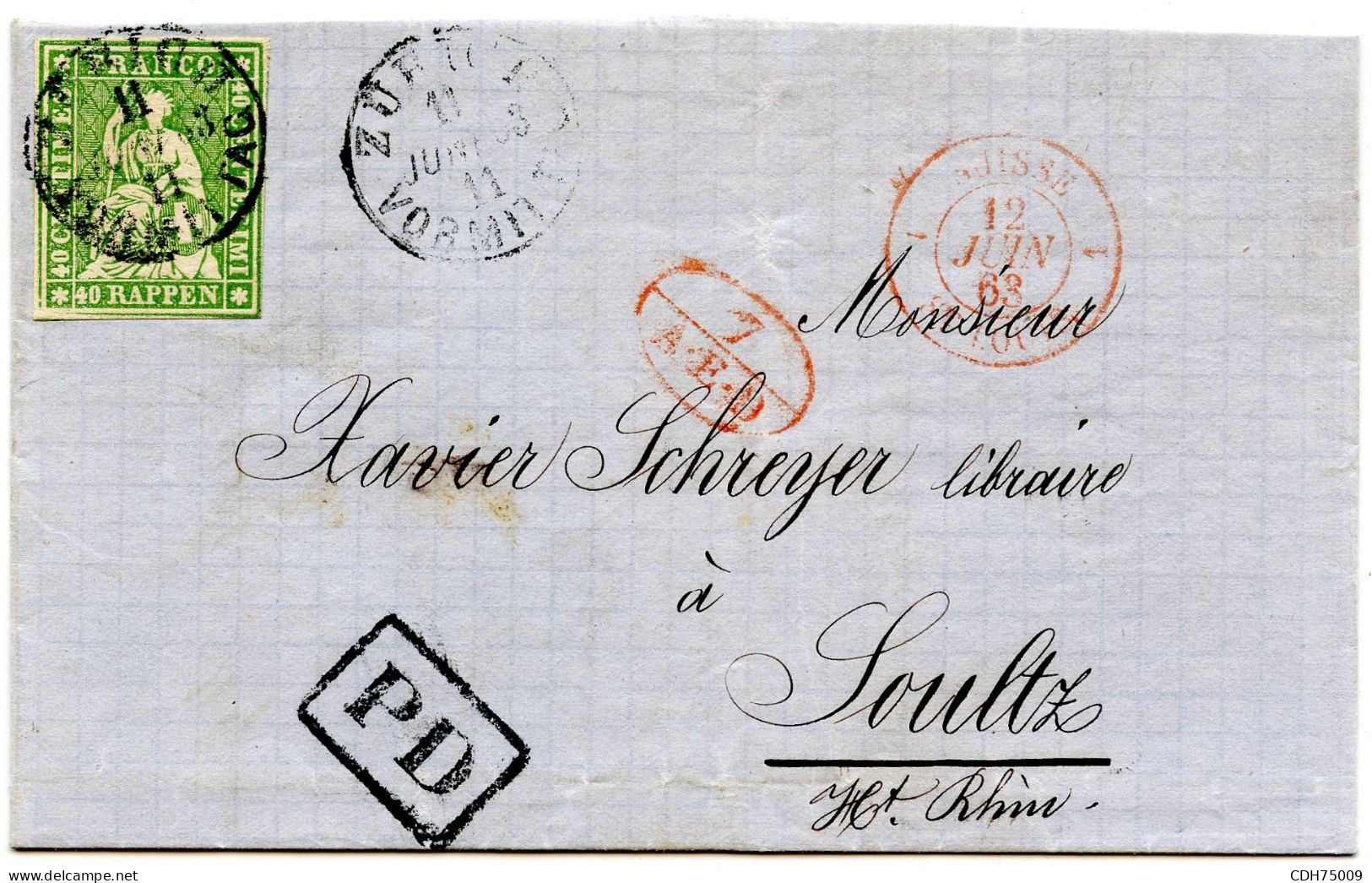 SUISSE - 40 RP SUR LETTRE DE ZURICH POUR LA FRANCE, 1863 - Lettres & Documents