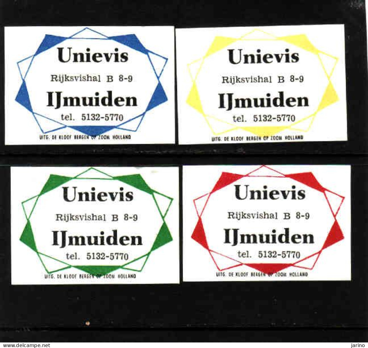 4 Dutch Matchbox Labels, IJmuiden - North Holland, Unievis, Rijksvishal B 8-9, Zündholzetiketten, Netherlands - Boites D'allumettes - Etiquettes