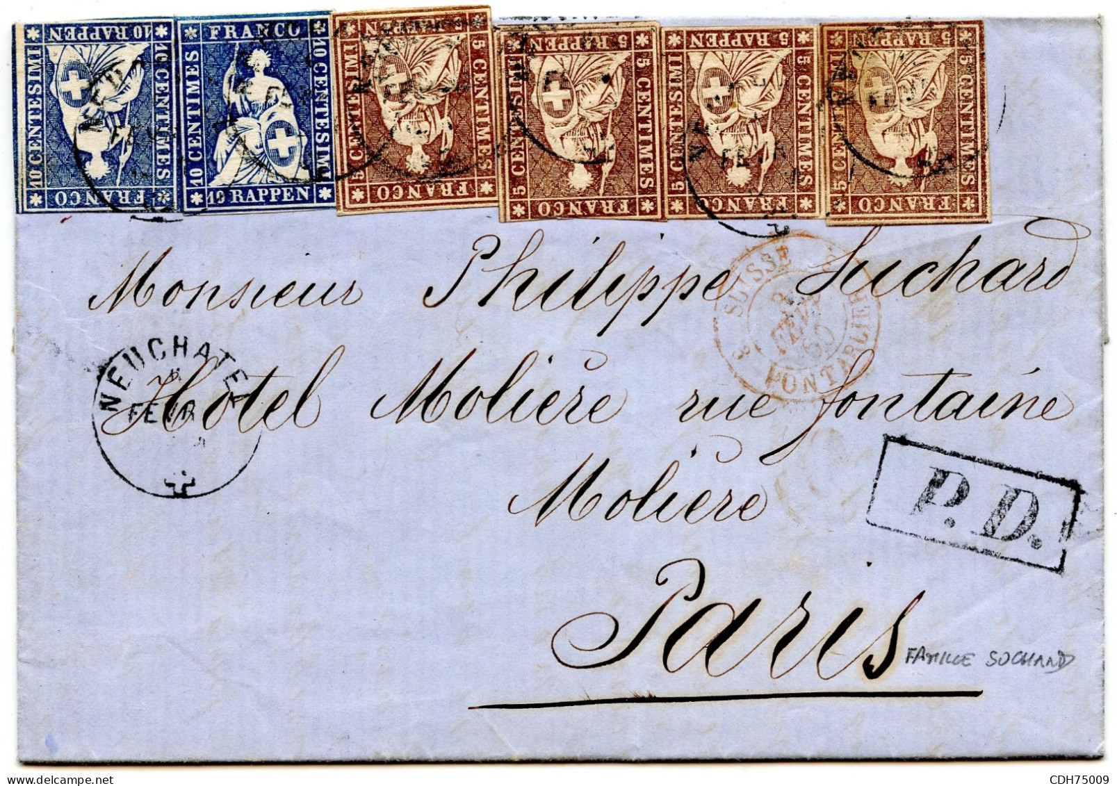 SUISSE - 5 RPX4 + 10 RPX2 SUR LETTRE FAMILIALE ADRESSEE A PHILIPPE SUCHARD, 1860 - Lettres & Documents