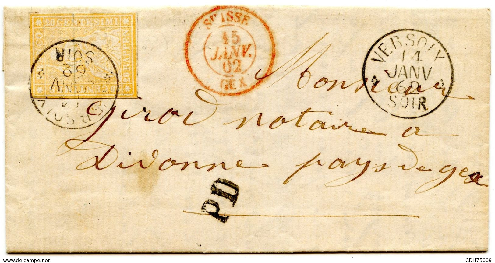 SUISSE - 20 RP SUR LETTRE FRONTALIERE DE VERSOIX POUR GEX, 1862 - Brieven En Documenten