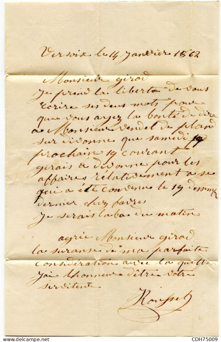 SUISSE - 20 RP SUR LETTRE FRONTALIERE DE VERSOIX POUR GEX, 1862 - Brieven En Documenten