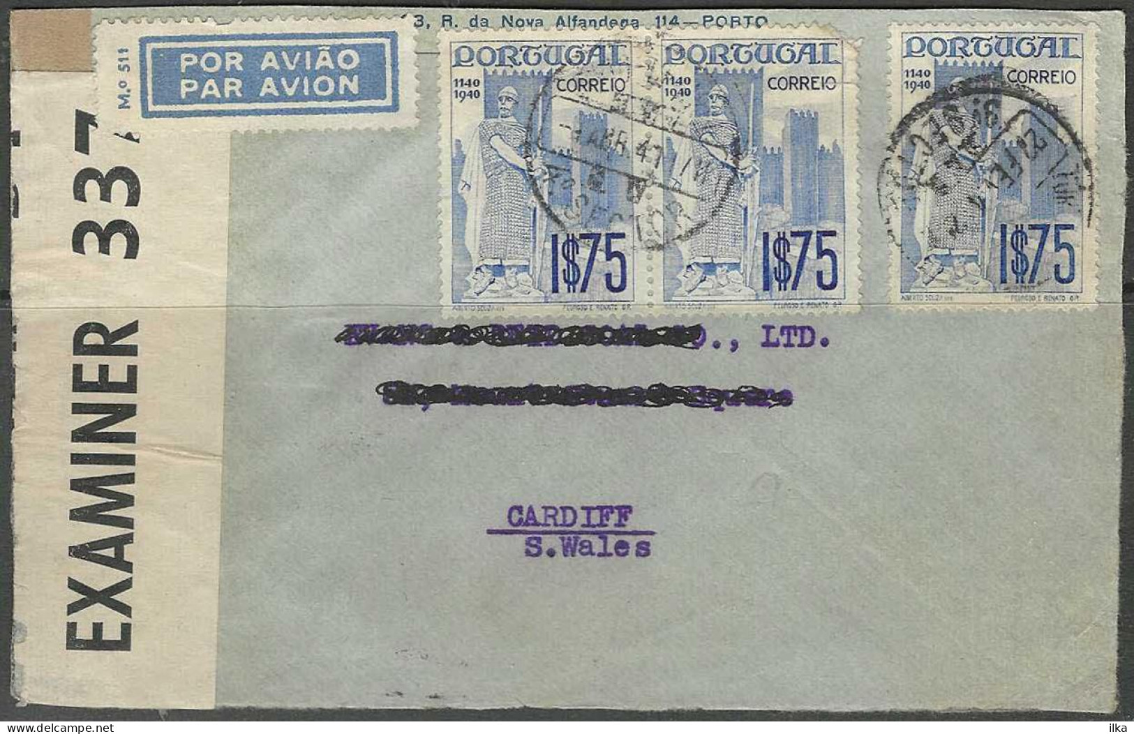 Cover - Porto. YT 3x N°599 - Afg./Obl. Porto - 4° Sector 1941. Contrôle Postal > Cardiff. S. Wales - Par Avion/Por Aviao - Lettres & Documents