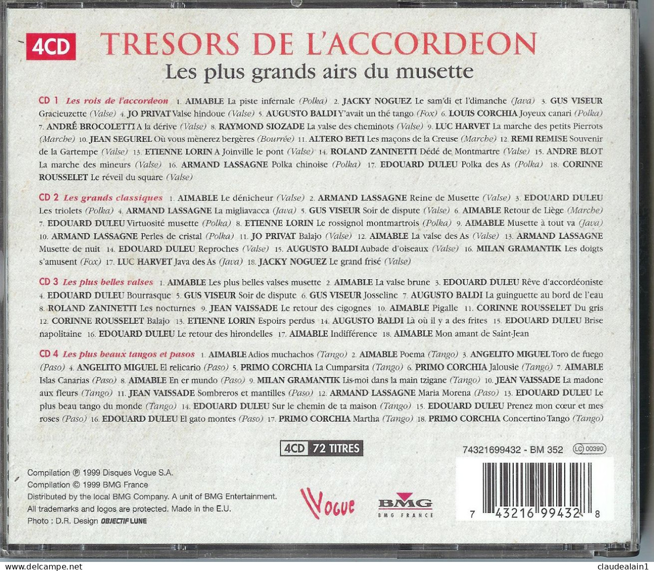 ALBUM CD TRESOR DE L'ACCORDEON - Les Plus Grands Airs Du Musette (4 CD & 72 Titres) - Très Bon état - Musicals