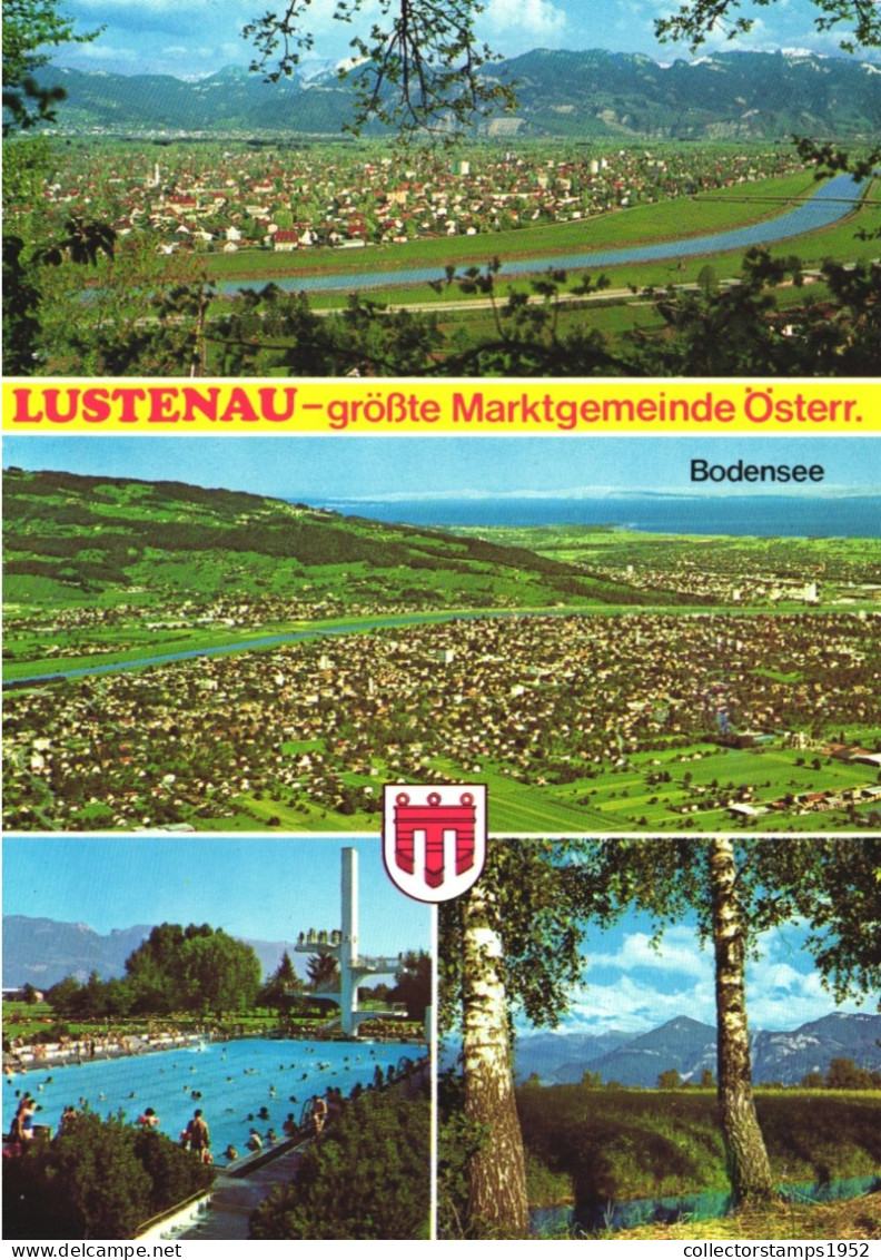 LUSTENAU, MULTIPLE VIEWS, ARCHITECTURE, POOL, RESORT, EMBLEM, PANORAMA, AUSTRIA, POSTCARD - Lustenau