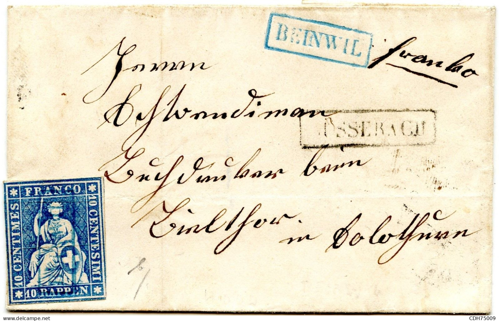 SUISSE - 10 RP BLEU (LEGER PLI D'ARCHIVE) OBLITERATION BLEUE BEINWIL SUR LETTRE SANS CORRESPONDANCE POUR SOLOTHURN, 1861 - Storia Postale