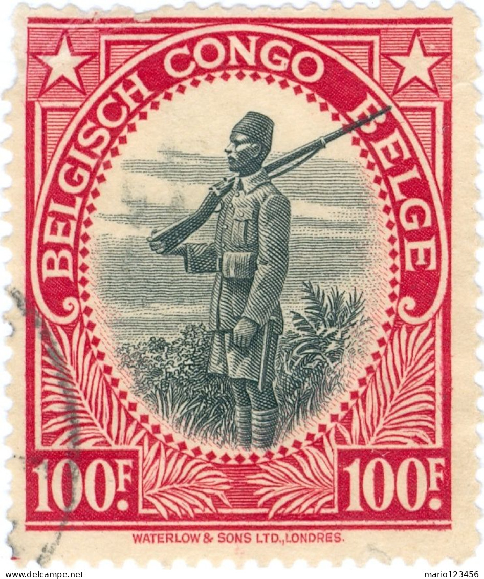 CONGO BELGA, BELGIAN CONGO, RITRATTO DI SOLDATO, 100 Fr., 1942, FRANCOBOLLI USATI Scott:BE-CD 227, Yt:BE-CD 248 - Gebruikt