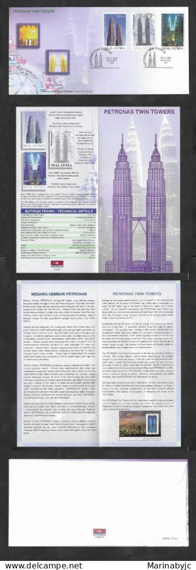 SD)1999 MALAYSIA FIRST DAY COVER AND BROCHURE OF THE PETRONAS TOWERS OF KUALA LUMPUR, SKYSCRAPER, XF - Malaysia (1964-...)