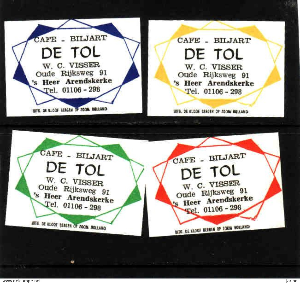 4 Dutch Matchbox Labels, 's Heer Arendskerke - Zeeland, Café Biljart DE TOL, W.C. Visser, Zündholzetiketten Netherlands - Boites D'allumettes - Etiquettes