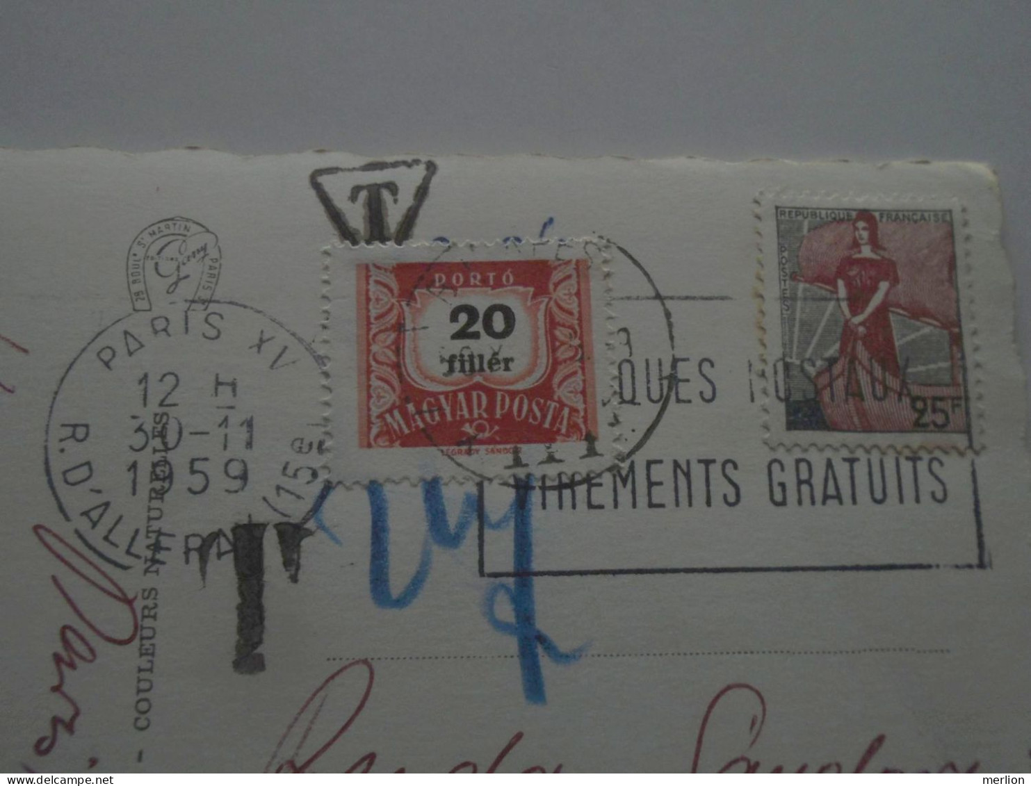 D200843  Hungary  Postage Due - France Paris  1959  -  Porto Stamp  20 Filler - Impuestos