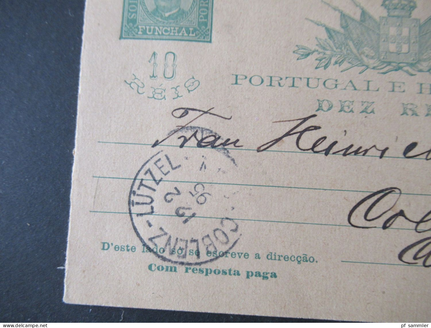 Portugal Madeira 1895 Ganzsache / Doppelkarte Gebraucht Stempel Funchal Madeira Und Ank. K1 Coblenz - Lützel - Madère