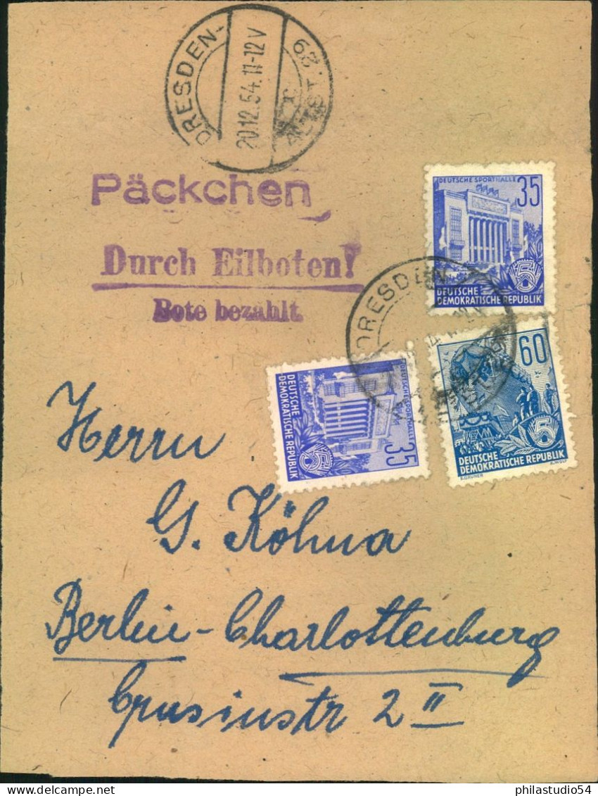 1954, Adressteil Eines Päckchens Ab Dresden. Frankatur Fünfjahresplan 1 + 2 - Briefe U. Dokumente