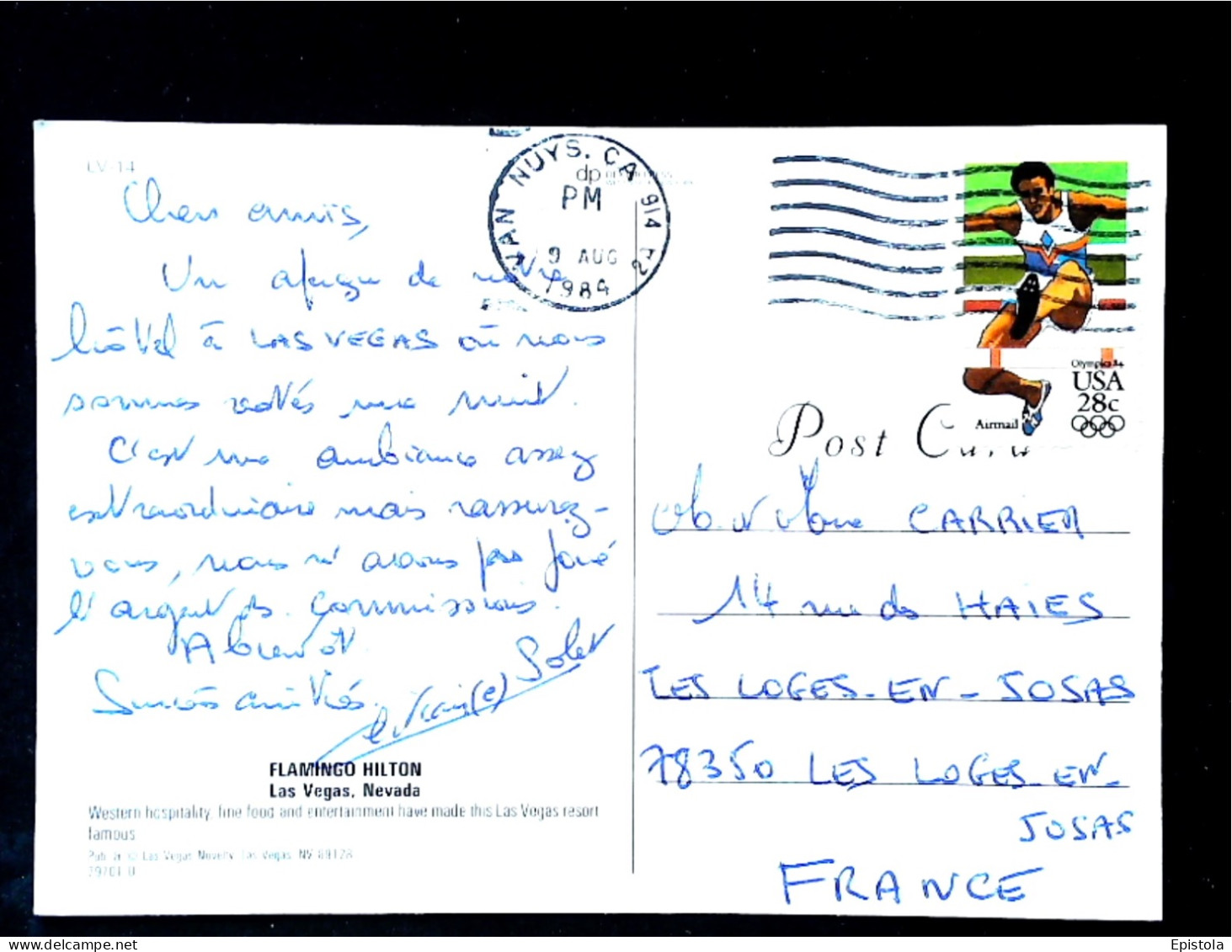 ►  UNITED STATES USA - 1984 28c.Olympics On Flamingo Hilton Las Vegas   POstcard To  France - Covers & Documents