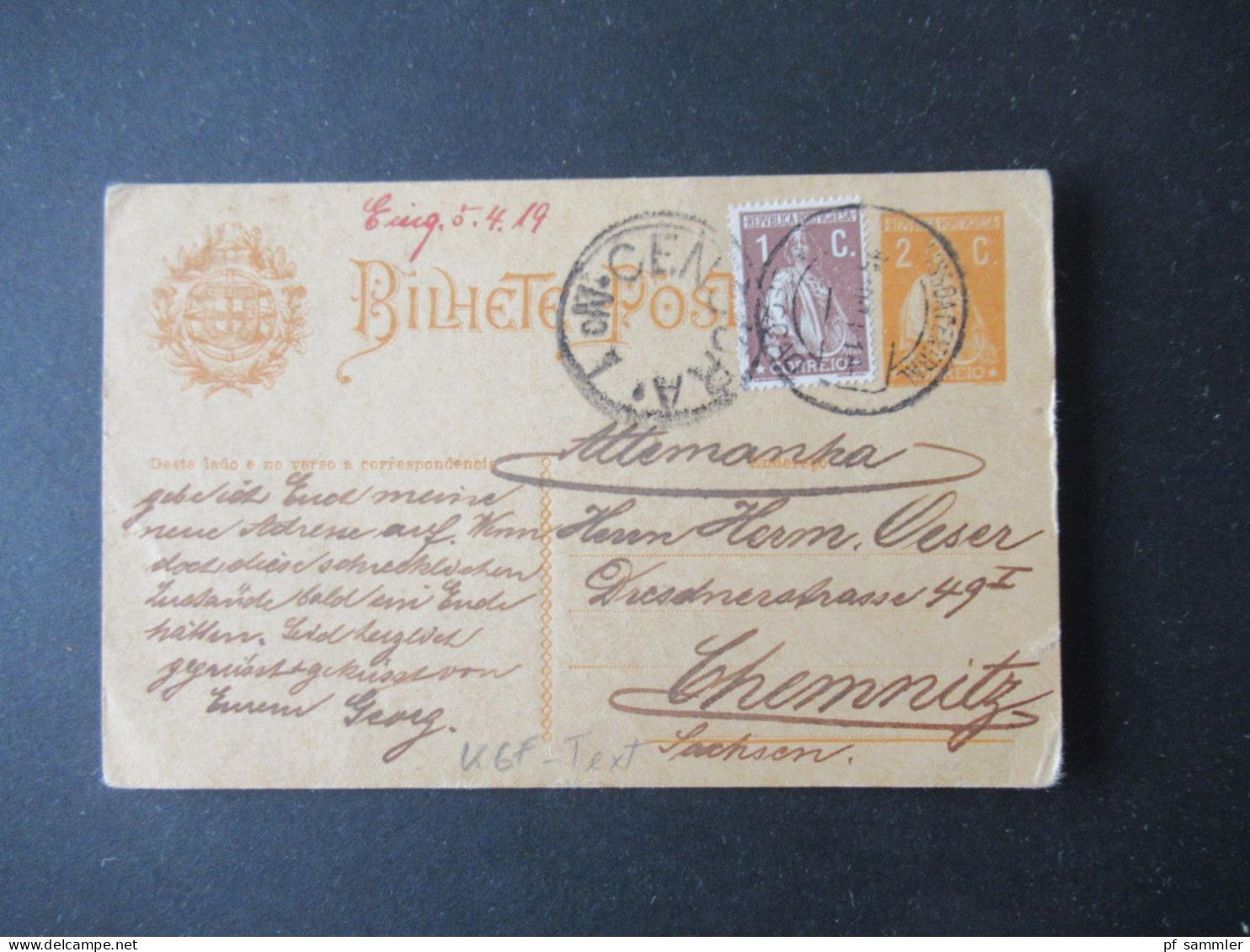 Portugal 1918 Ganzsache Mit Zensurstempel Censura LIssabon - Chemnitz KGF / POW Inhalt: Concentrationslager Terceira - Interi Postali