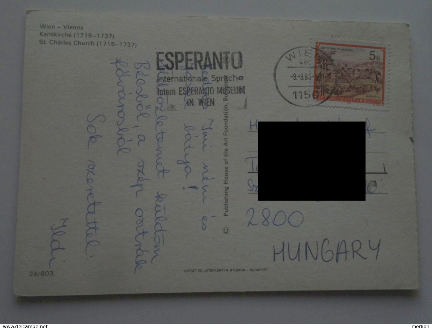 D200847   WIEN  ESPERANTO  Museum  Handstamp  Hungarian Postcard Sent From Austria To Tatabánya  1980   VW - Esperanto