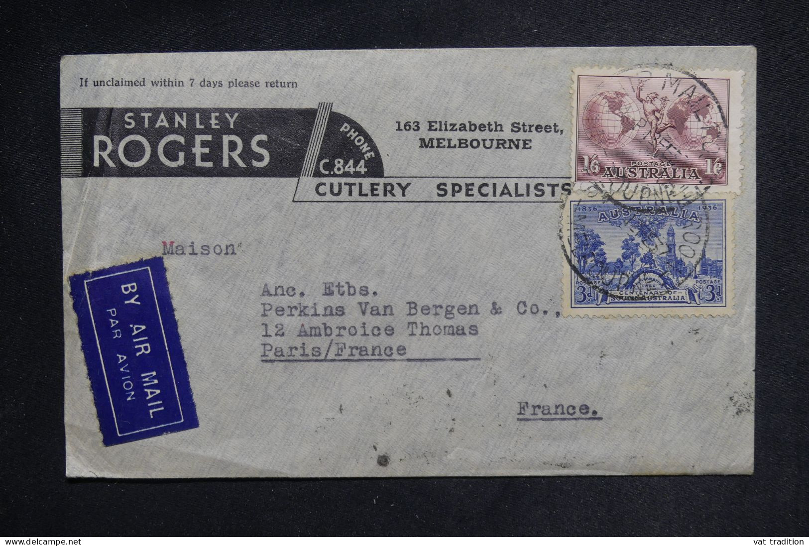 AUSTRALIE - Enveloppe Commerciale De Melbourne Pour Paris En 1937 Par Avion - L 149854 - Postmark Collection