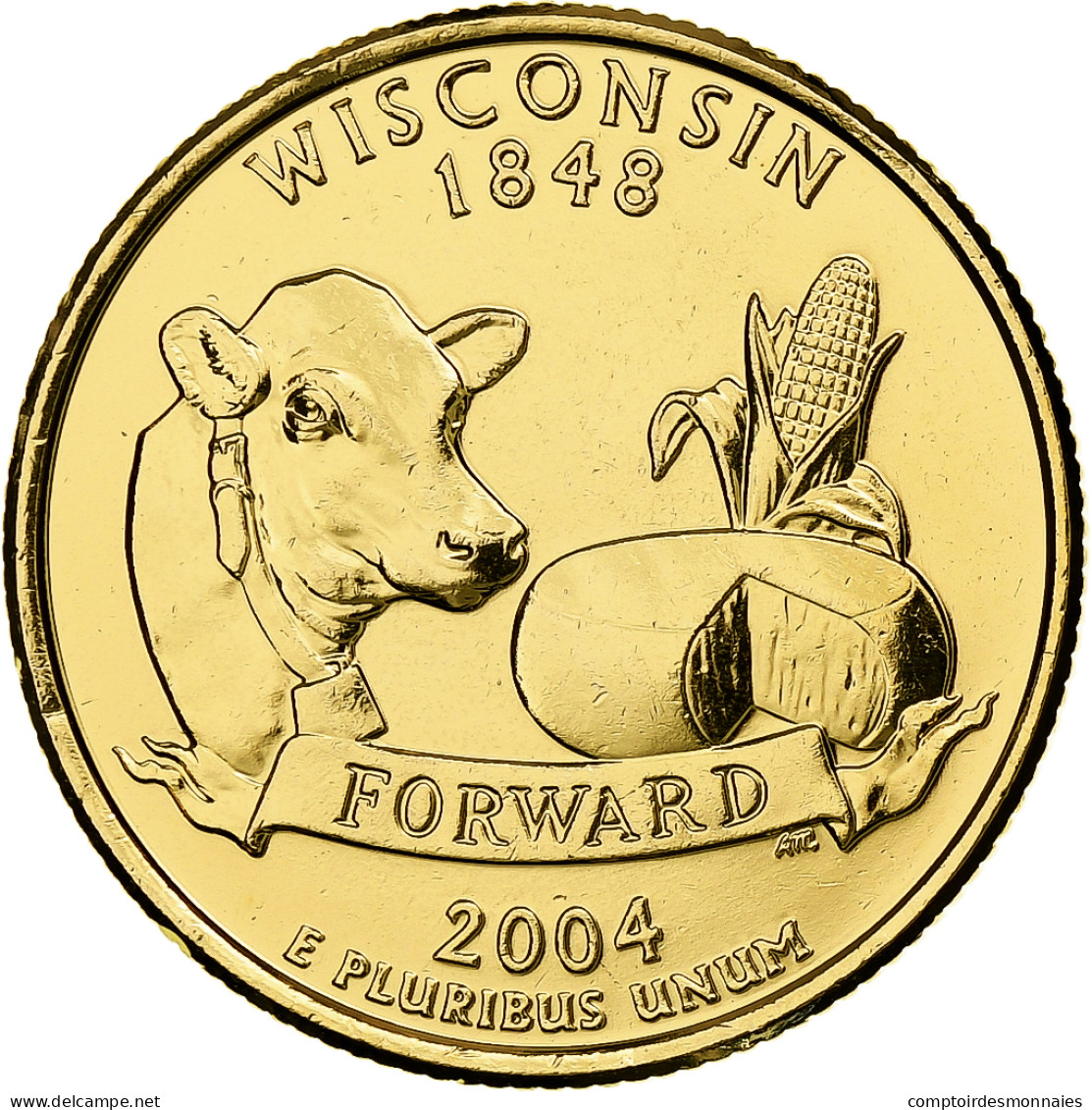 États-Unis, Quarter, Wisconsin, 2004, U.S. Mint, Golden, Cupronickel Plaqué - 1999-2009: State Quarters