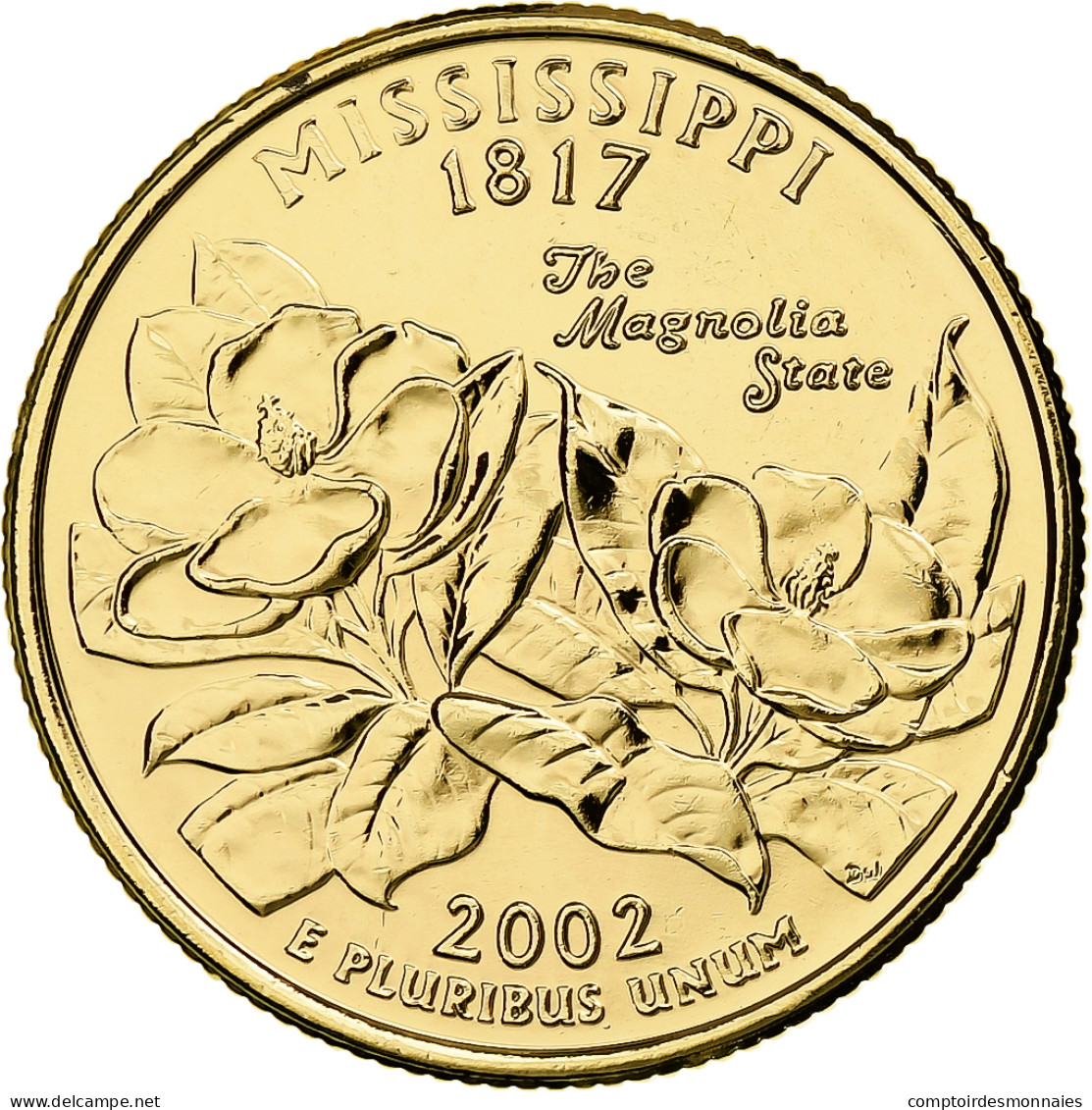 États-Unis, Quarter, Mississippi, 2002, U.S. Mint, Golden, Cupronickel Plaqué - 1999-2009: State Quarters