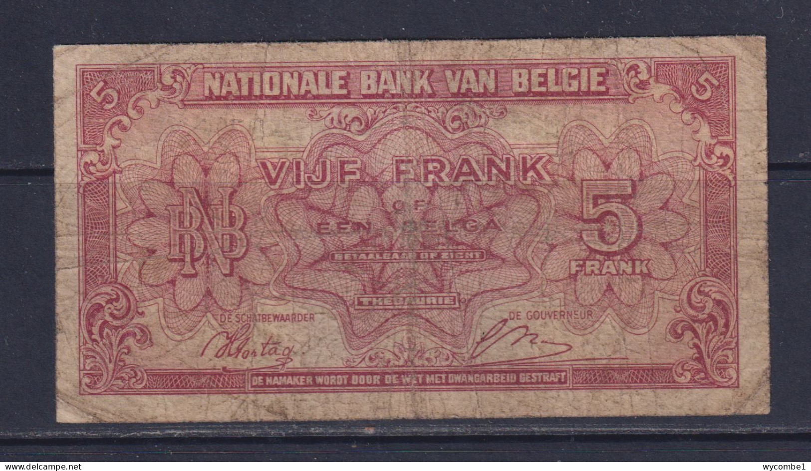 BELGIUM  - 1943 5 Francs Circulated Banknote - 5 Francos-1 Belga