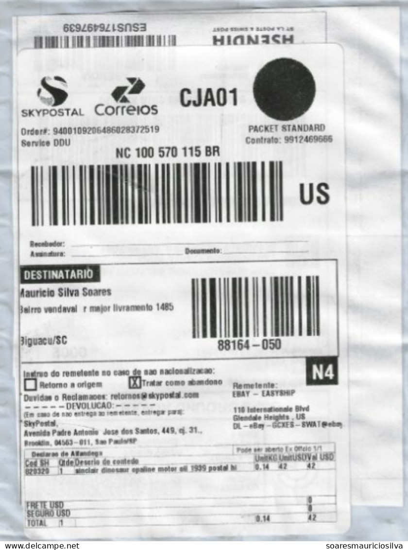 Brazil 2024 Registered Cover From USA To Biguaçu Ebay Label Superimposed By A Skypostal Label Authorized By Post Office - Briefe U. Dokumente