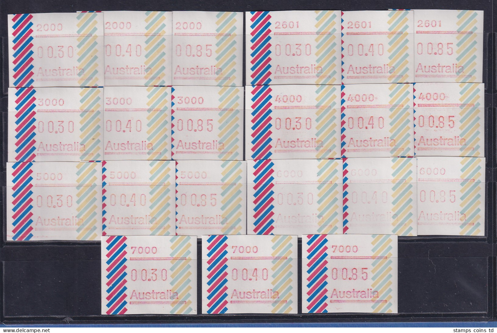 Australien Frama-ATM 1984 Balken Serie 7 Postcodes 2000-7000 Je Satz 30-40-85 ** - Timbres De Distributeurs [ATM]
