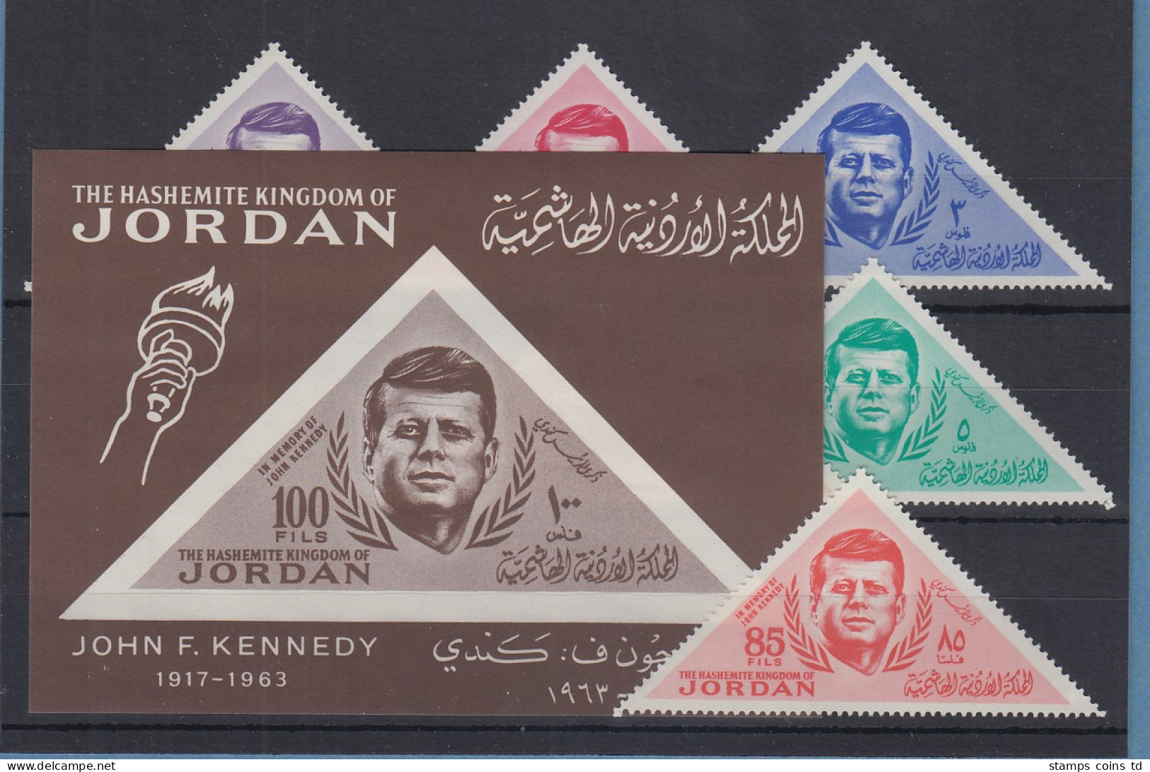 Jordanien 1964 John F. Kennedy Mi.-Nr. 453-58A Und Block 13 Postfrisch ** / MNH  - Jordanie