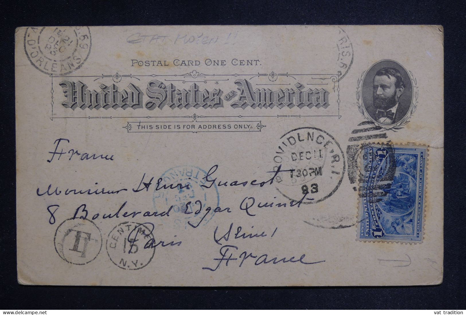 ETATS UNIS - Entier Postal + Complément De Providence Pour Paris En 1893 Et Taxé  - L 149862 - ...-1900