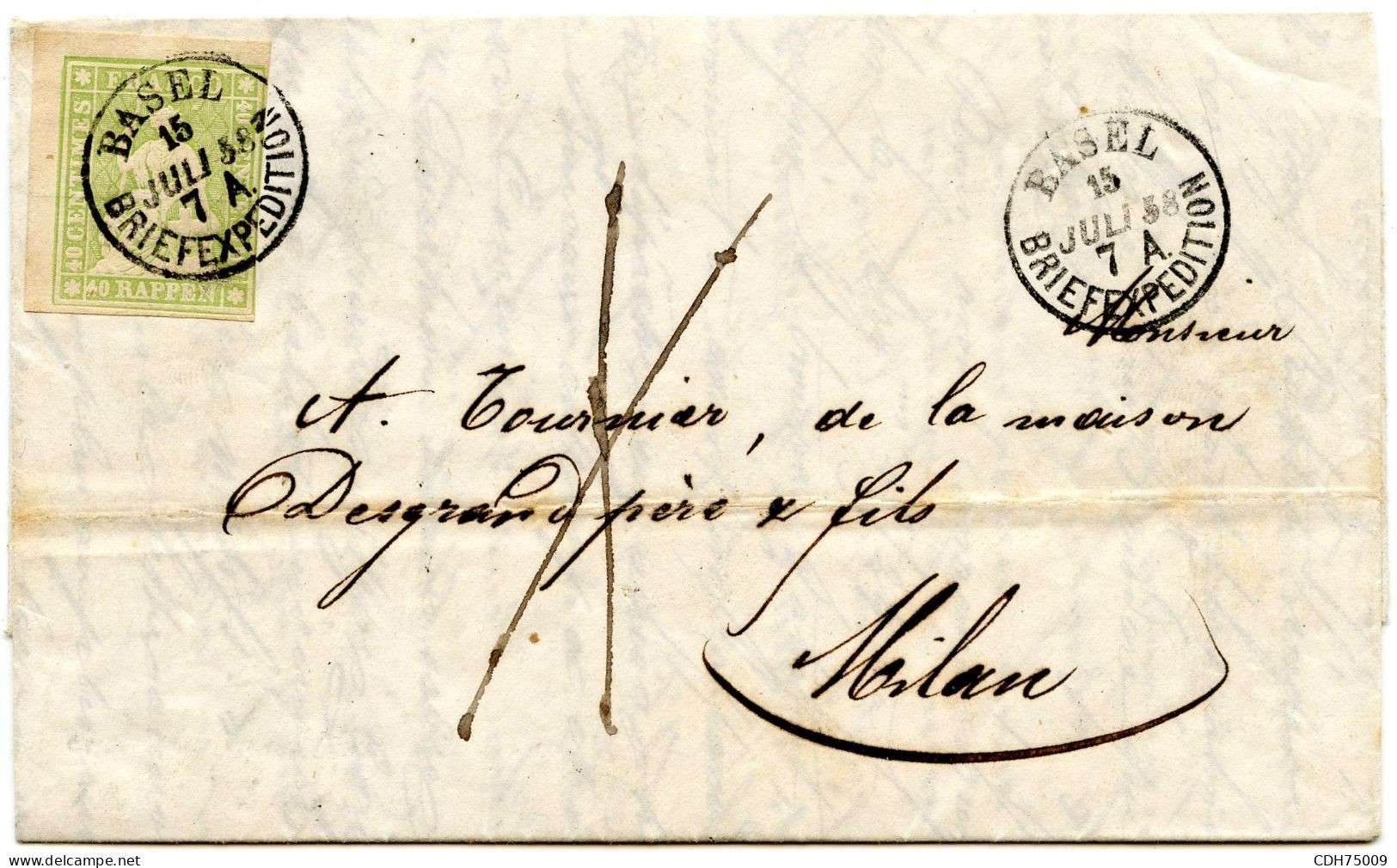 SUISSE - 40 RP COIN DE FEUILLE SUR LETTRE AVEC CORRESPONDANCE DE BALE POUR MILAN, 1858 - Storia Postale