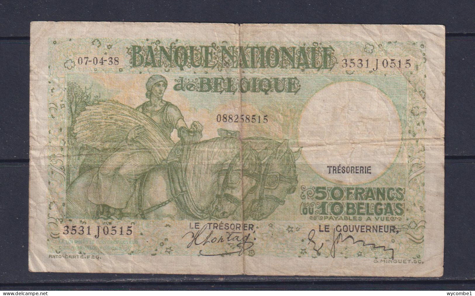 BELGIUM  - 1938 50 Francs Circulated Banknote - 50 Francos-10 Belgas