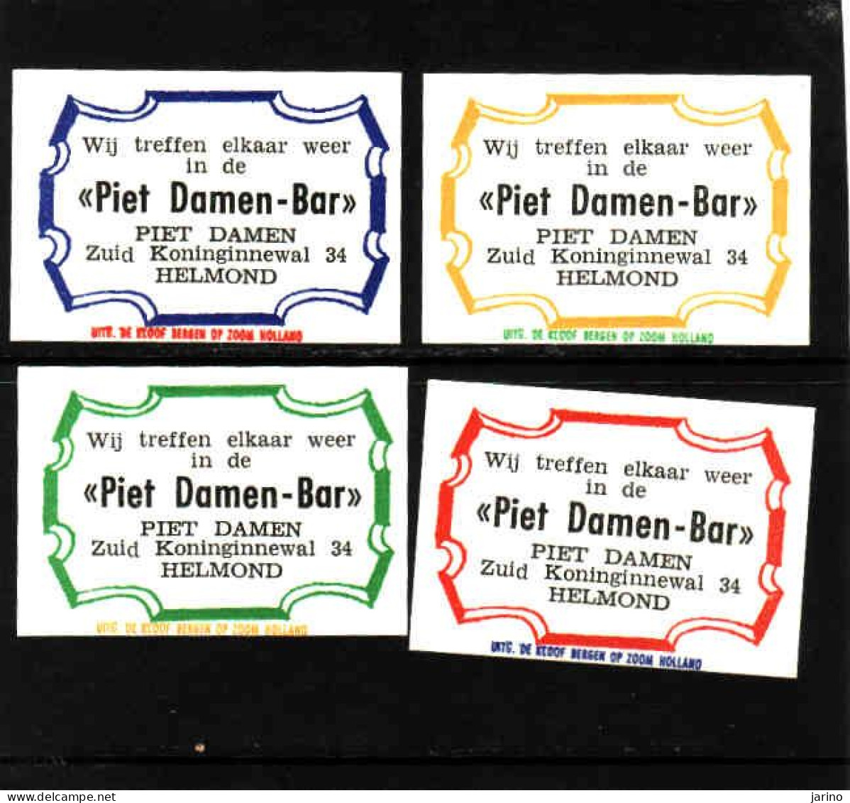 4 Dutch Matchbox Labels, Helmond - North Brabant, Piet Damen Bar, Zündholzetiketten Netherlands - Boites D'allumettes - Etiquettes