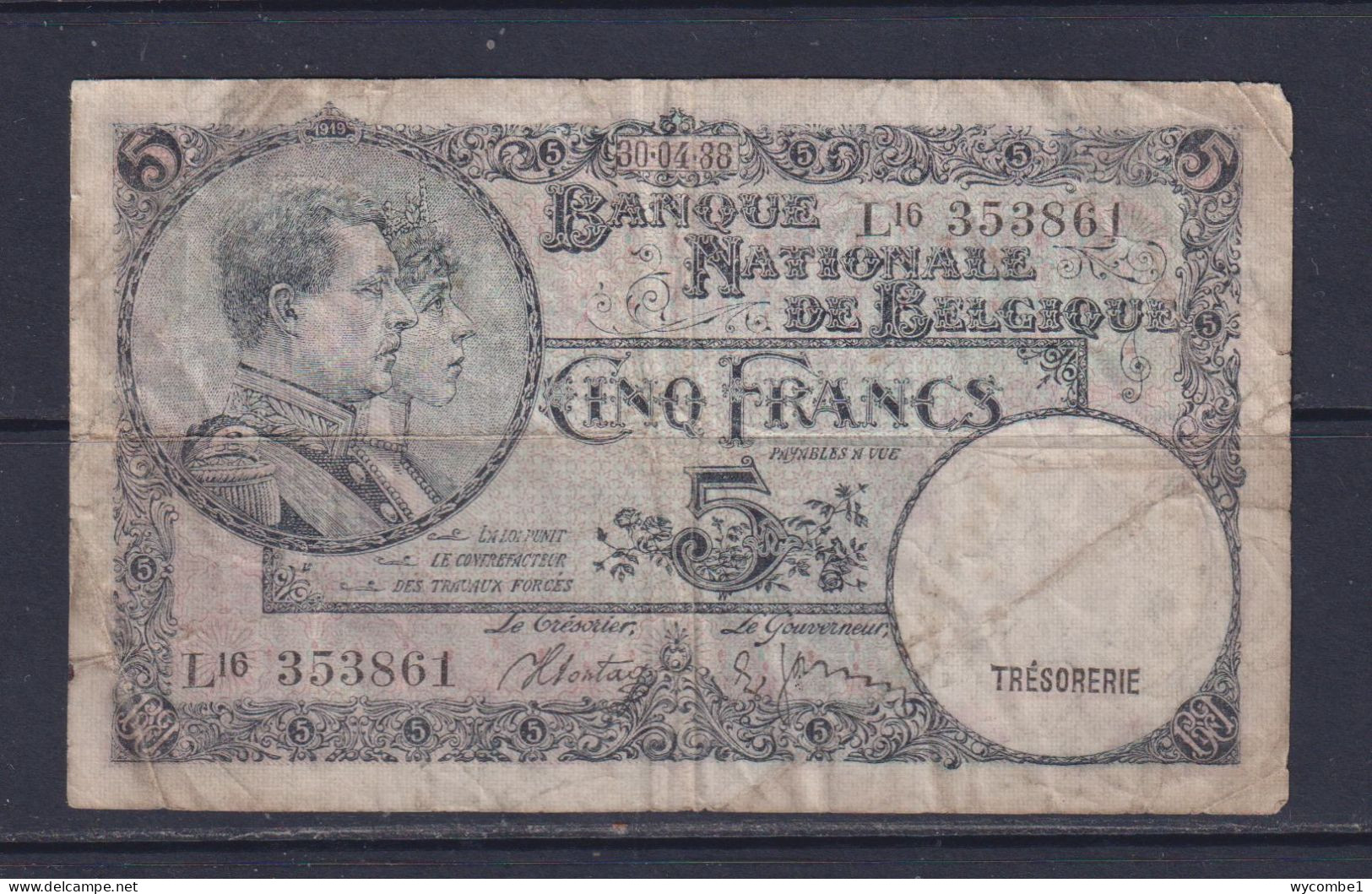 BELGIUM  - 1938 5 Francs Circulated Banknote - 5 Franchi