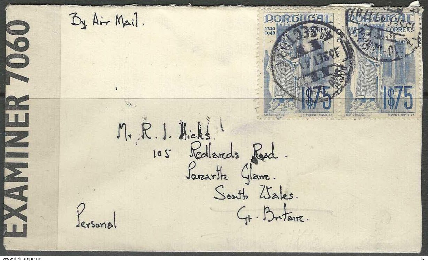 Cover - YT 2x N°599 - Afg./Obl. Porto - 4° Sector 13/09/1941. Contrôle Postal >> South Wales - Gt. Britain. By Air. Mail - Lettres & Documents