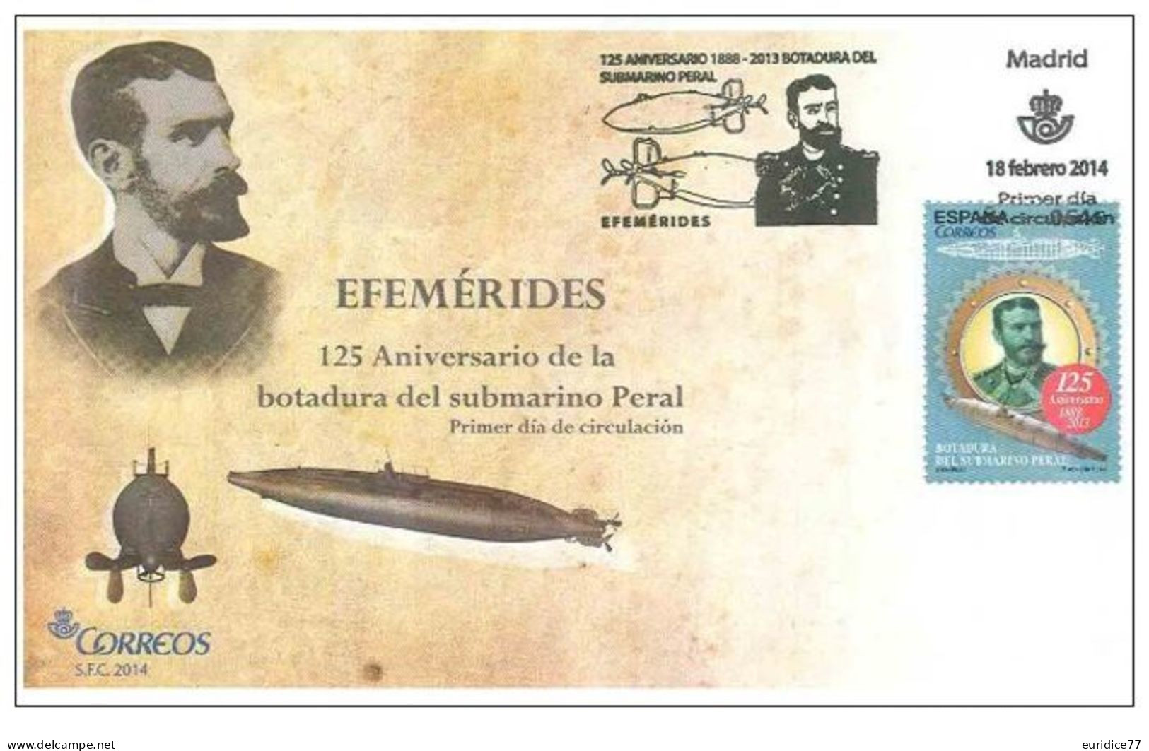 Spain 2014 - 125 Aniversario Botadura Submarino Peral FDC - First Day Cover - Sous-marins