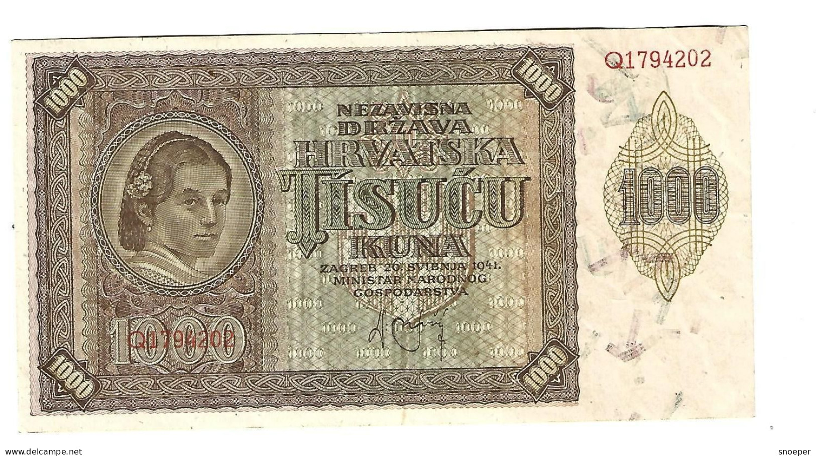 *croatia  1000 Kuna 1941  4  Vf+ - Croatie