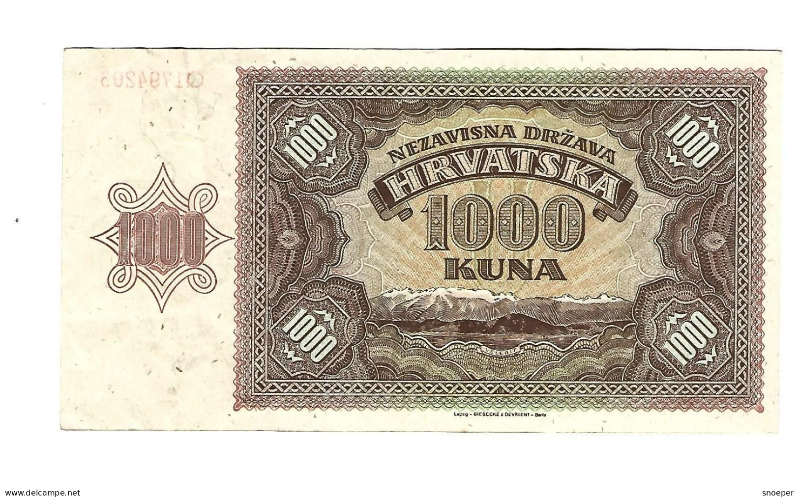 *croatia  1000 Kuna 1941  4  Vf+ - Croatie