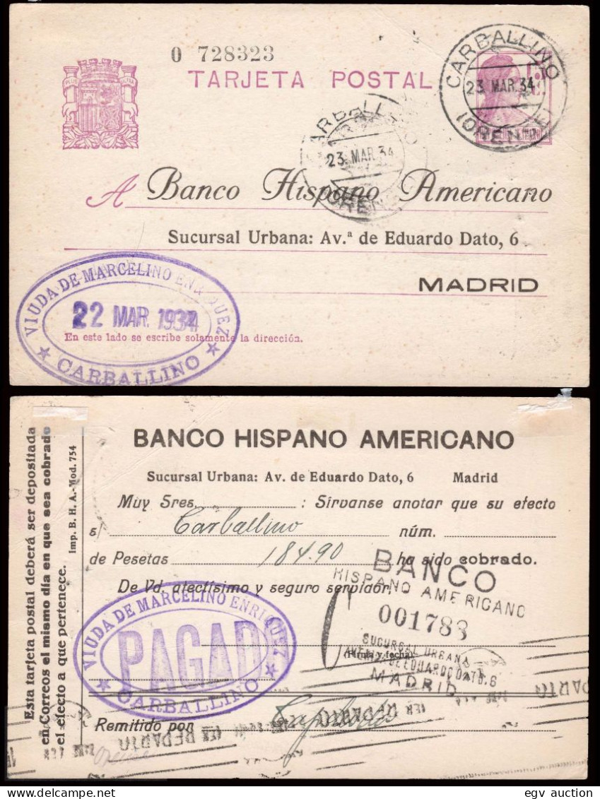 Orense - Edi O EP 69 (sobreimpresión Privada) - Entero Postal Mat "Carballino 23/03/34" - 1931-....